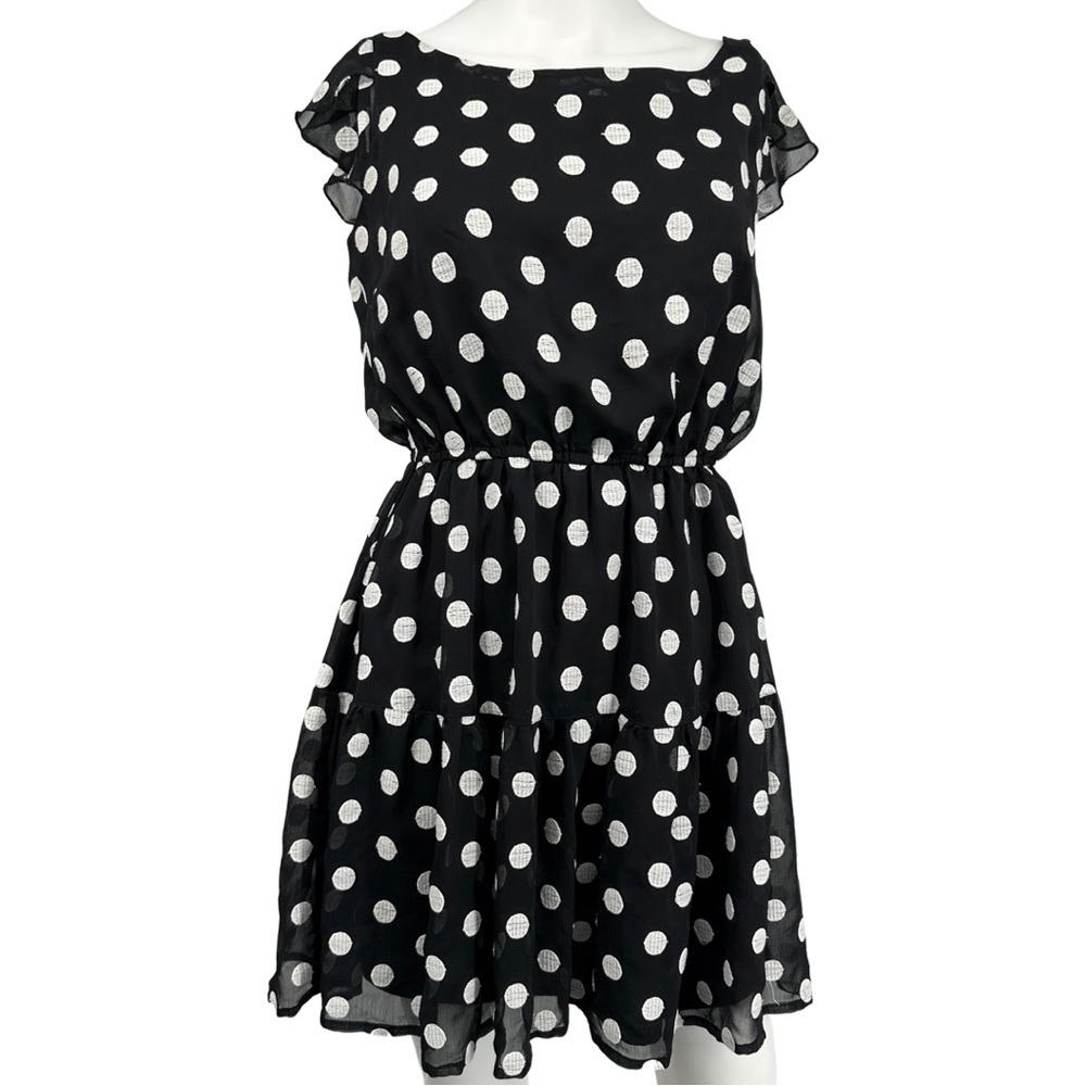 Embroidered Black and White Polka Dot ruffle Sleeve Dress